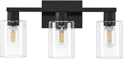 3-Light Bathroom Vanity Light, Black Vanity Lights with Clear Glass Shades, Bathroom Wall Sconce Lamp for Mirror Living Room Bedroom Hallway