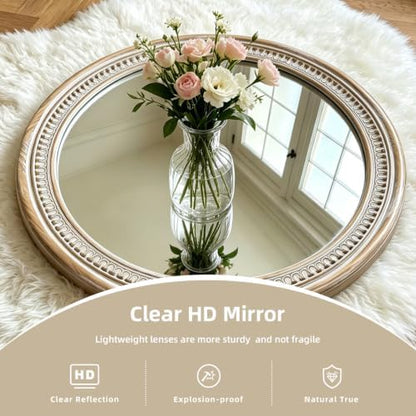 36 Inch Rustic Farmhouse Round Mirrors for Wall Decor, Wooden Circle Mirror