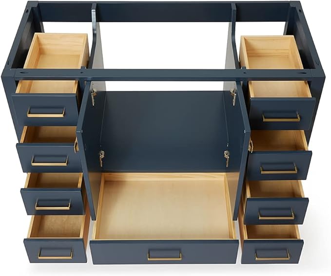 ARIEL Cambridge 48-inch Bathroom Vanity Base Cabinet,Solid Wood, 2 Soft Closing Doors, 9 Dovetail Drawers, Midnight Blue