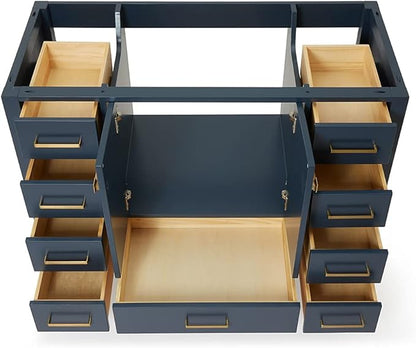 ARIEL Cambridge 48-inch Bathroom Vanity Base Cabinet,Solid Wood, 2 Soft Closing Doors, 9 Dovetail Drawers, Midnight Blue