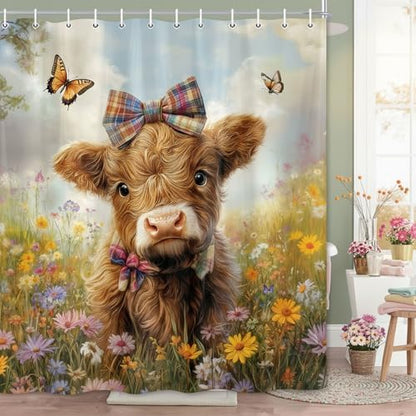 Cow Shower Curtain, Farmhouse Rustic Floral Funny Cute Highland Cow Shower Curtains, Western Cattle Bull Animal Wildflower Country Farm Animal Bathroom Decor, Surreal Bathroom Curtain, 47x64 inch