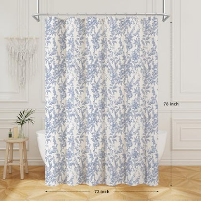 Blue Boho Linen Fabric Shower Curtain , Farmhouse Floral For Bathroom