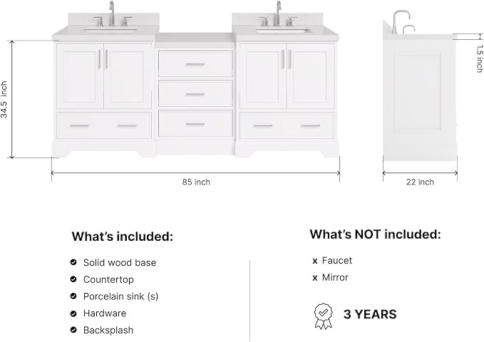 ARIEL Stafford 84-inch Bathroom Vanity with Sink,Solid Wood, 1.5in Pure White Quartz Countertop & Backsplash, Double Rectangular Porcelain Sink, 4 Soft Closing Doors, 5 Dovetail Drawers, White
