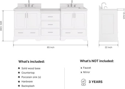 ARIEL Stafford 84-inch Bathroom Vanity with Sink,Solid Wood, 1.5in Pure White Quartz Countertop & Backsplash, Double Rectangular Porcelain Sink, 4 Soft Closing Doors, 5 Dovetail Drawers, White