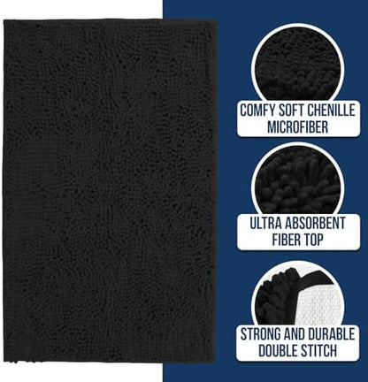 Muddy Mat® | Chenille Bathroom Rugs Quick Dry Microfiber Mats Non Slip Washable, Extra Thick, Soft and Highly Absorbent Bath Mats for Bathroom, Kitchen, and Shower Floor - Black 24"x59"