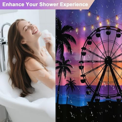 Romantic Gradient Purple Shower Curtain with 12 Hooks, Machine Washable Coastal Shower Curtain with Weighted Hem, Beach Ferris Wheel Design Waterproof Shower Curtains for Bathroom Decor, 72x72 Inch