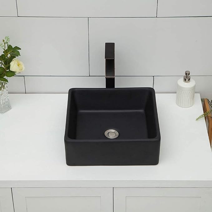 Logmey 15 Inch Black Bathroom Vessel Sink 15"x15" Square Small Vessel Sink for Bathroom Sink Above Counter Porcelain Ceramic Vanity Art Countertop Sink