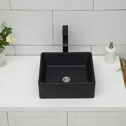 Logmey 15 Inch Black Bathroom Vessel Sink 15"x15" Square Small Vessel Sink for Bathroom Sink Above Counter Porcelain Ceramic Vanity Art Countertop Sink