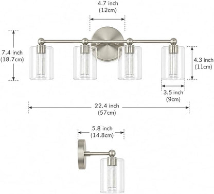 Brushed Nickel Vanity Light with 3 Color Modes, Eye Protection LED Bathroom Light Fixtures, Dimmable Modern Wall Light Over Mirror with Clear Glass Shade (Brushed Nickel, 4-Light)
