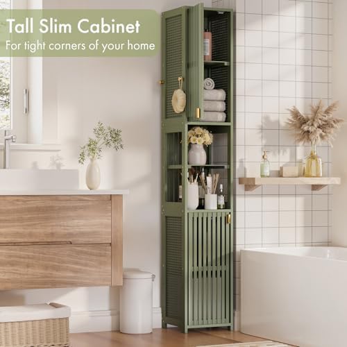 Amazer Tall Bathroom Storage Cabinet 70'', Freestanding Cabinet Storage with Rattan Door and Adjustable Shelves, Bamboo Narrow Storage Cabinet Organizer for Living Room Kitchen, Forest Green
