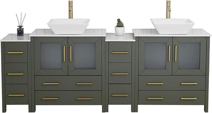 Vanity Art 84 Inch Vessel Double Sink Bathroom Vanity Cabinet with 2 Mirrors, Engineered Marble Top Bathroom Cabinet Compact Set with 10 Dovetail Drawers and Soft Closing Doors, VA3130-84VG