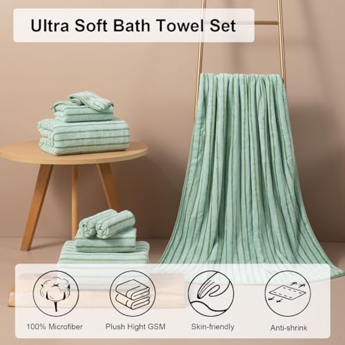 4 Pcs Green Cabana Stripe Large Bath Sheets Soft Microfiber Bathroom Towels
