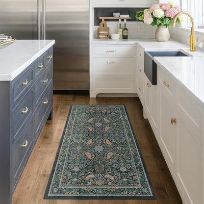 Boho 2x5 Entryway Indoor Runner for Bathroom - Botanical Bird Runner Rug for Kitchen Floor, Hallway, Bedroom, Entrance, Blue and Teal Neutral Vintage Decor, Washable Non Slip Low Pile