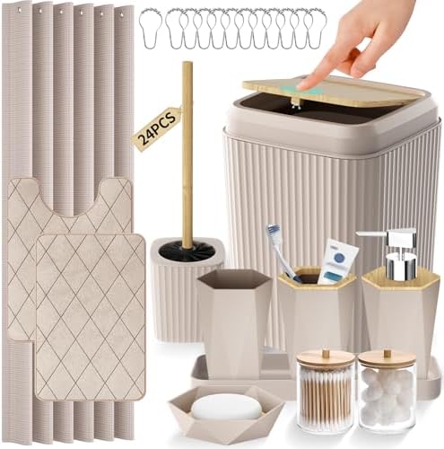 Bathroom Accessories Set - Beige Bathroom Set with Shower Curtain and Rugs, Trash Can, Toilet Brush with Holder, Soap Dispenser, Toothbrush and Toothpaste Holder, Cup, Soap Dish, Qtip Holders, Tray