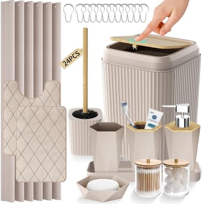 Bathroom Accessories Set - Beige Bathroom Set with Shower Curtain and Rugs, Trash Can, Toilet Brush with Holder, Soap Dispenser, Toothbrush and Toothpaste Holder, Cup, Soap Dish, Qtip Holders, Tray