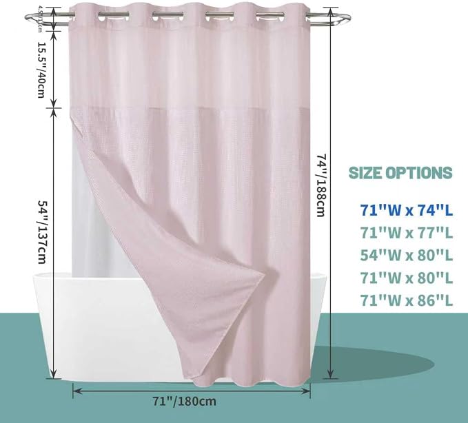No Hook Waffle Shower Curtain with Snap-in Liner, 71x74 Inch, Blush Pink | 230 GSM waffle weave fabric, waterproof liner set with 2 bottom magnets, mesh top window, washable, for bathroom or hotel use