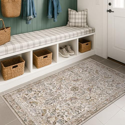 Washable 3x5 Moss Large Entryway Rugs - Low Pile Soft Boho Area Rug for Bedroom Beside Bed, Laundry, Non Slip Floral Kitchen Mat for Floor, Vintage Botanical Design Stain Resistant Carpet