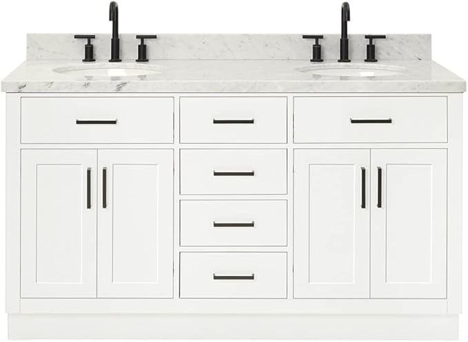 ARIEL Hepburn 60-inch Bathroom Vanity with Sink,Solid Wood, 1.5-inch Italian Carrara Marble Countertop & Backsplash, Double Oval Porcelain Sink, 4 Soft Closing Doors, 6 Dovetail Drawers, White