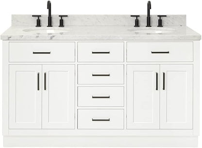 ARIEL Hepburn 60-inch Bathroom Vanity with Sink,Solid Wood, 1.5-inch Italian Carrara Marble Countertop & Backsplash, Double Oval Porcelain Sink, 4 Soft Closing Doors, 6 Dovetail Drawers, White