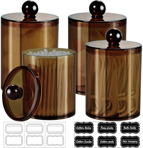 SheeChung 4 Pack Qtip Holder, Amber Acrylic Apothecary Jars for Bathroom