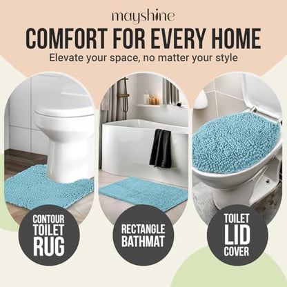 Standard 3pc Set Chenille Bath Mats, Includes 21"x24" U-Shaped Contour Toilet Rug, 21"x34" Inches Bathmat and 1 Toilet Lid Cover, Plush Absorbent Bath Mats Quick Dry, Spa Blue