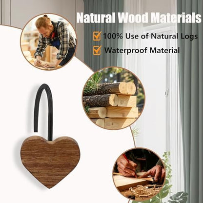 Shower Curtain Hooks, Wood Decorative Shower Curtain Rings, Modern Round Log Shower Curtain Hangers, 12PCS Shower Hooks for Shower Curtain Rod, Bedroom, Living Room (Heart-Black)