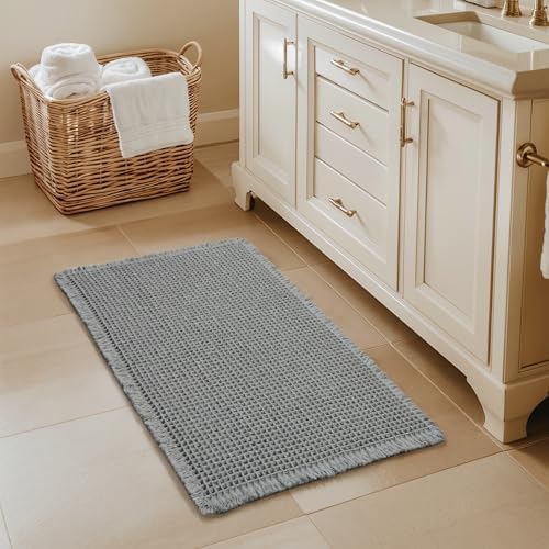 SUBRTEX Waffle Braided Bath Mat, 20" x 32" Soft Waffle Bath Rugs, Absorbent Non Slip Bathrooom Mats, Machine Washable Area Rug for Bathroom, Quick Dry, Gray