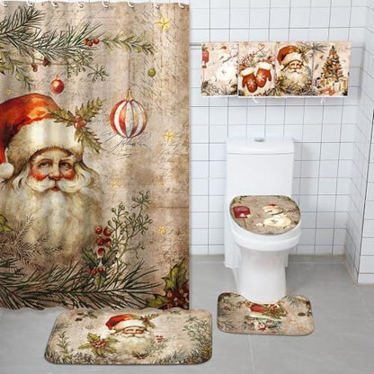 FuWeave 8 Pcs Christmas Shower Curtain Set Santa Bathroom Decor