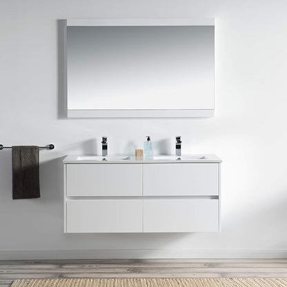 Blossom 48 Inch Double Bathroom Vanity Cabinet with Ceramic Sink, Wall Mounted Floating Vanity Cabinet, All Wood Bathroom Storage Organizer, Soft-Closing U-Shaped Cutout Drawers, Glossy White