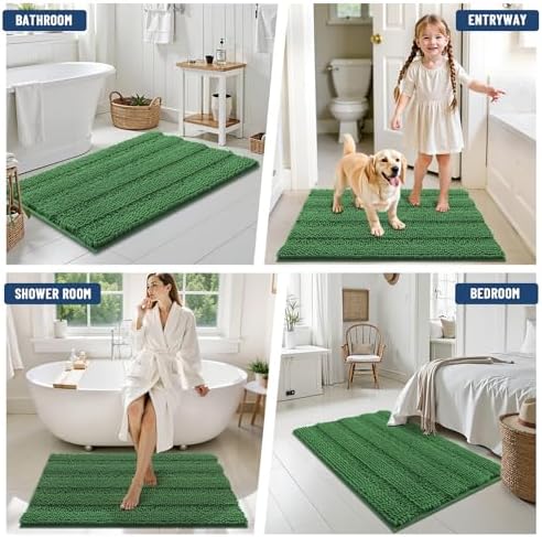 Grandaily Chenille Striped Bathroom Rugs 44x24, Extra Thick and Soft Absorbent Bath Mats, Rubber Backing, Plush Shaggy Shower Carpet, Machine Wash Dry, Bath Rug for Bathroom, Olive Green