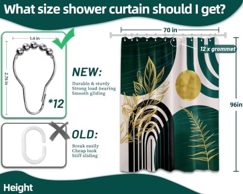 Emerald Green and Gold Extra Long Shower Curtain, Tall 72X96 in