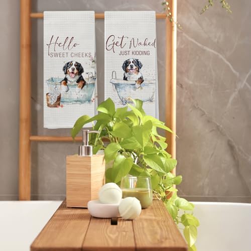 Funny Bernese Mountain Dog Hand Towels, Hello Sweet Cheeks Bathroom Decor, Bernese Mountain Dog Gifts Decorative Hand Towels for Bathroom Washroom Restroom, 16x24 Inch Set of 2