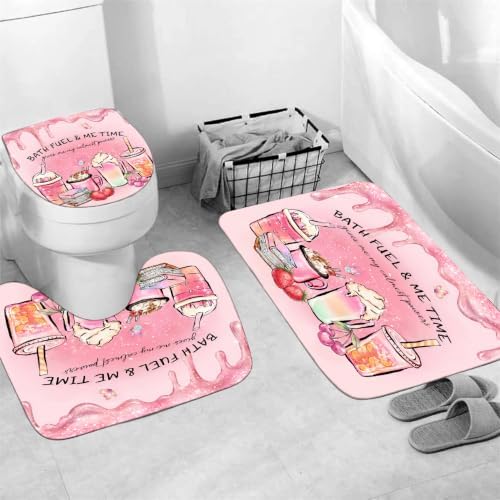 LQCOOL Pink Shower Curtain Set with Rugs,Waterproof Bathroom Sets Pink Shower Curtain with 12 Hooks for Bathroom Decor,Toilet Lid Cover & U-Shaped Mat
