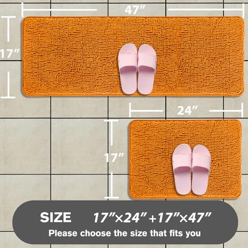 Bathroom Rugs Sets 2 Piece – Absorbent and Washable Bath Mat, Non-Slip, Thick Soft Chenille Bath Rugs for Bathroom Floor, Shower, Sink(17" x 24"+17" x 47", Flame Orange)