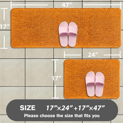Bathroom Rugs Sets 2 Piece – Absorbent and Washable Bath Mat, Non-Slip, Thick Soft Chenille Bath Rugs for Bathroom Floor, Shower, Sink(17" x 24"+17" x 47", Flame Orange)