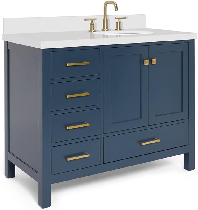 ARIEL Cambridge 42-inch Bathroom Vanity with Sink,Solid Wood, 1.5-inch Pure White Quartz Countertop & Backsplash, Single Oval Porcelain Sink, 2 Soft Closing Doors, 5 Dovetail Drawers, Midnight Blue