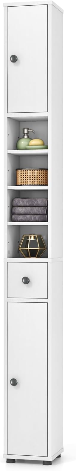 GIANTEX 71” Tall Slim Bathroom Storage Cabinet (White) | Narrow Floor Cabinet with 2 Doors, 5 Adjustable Shelves, 1 Drawer, Anti-Tipping Device for Small Spaces, Living Room, Kitchen