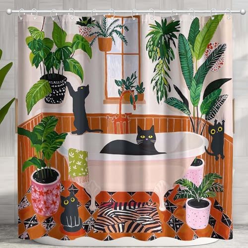 Funny Cat Shower Curtain Boho Cute Fun Black Cats Matisse Shower Curtains for Bathroom Kitten Green Tropical Plant Leaves Beige Brown Red Waterproof Fabric Bath Curtain Decor 72 X 78 Inches