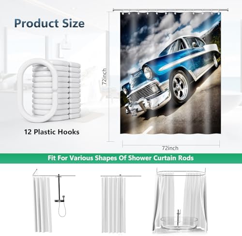 Classic Car Gloss Blue White Hot Rod Shower Curtain with Hooks 72 x 72 Inch