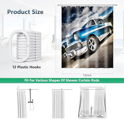 Classic Car Gloss Blue White Hot Rod Shower Curtain with Hooks 72 x 72 Inch