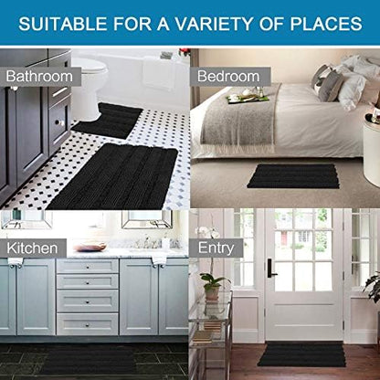 H.VERSAILTEX Bathroom Rugs Bath Rug Set 2 Piece Bathroom Contour Rug Toilet Mat Sets Non Slip Contour Bath Rug Set Ultra Thick Water Absorbent Striped Washable(20" x 32" Plus 20" x 20" U, Black)