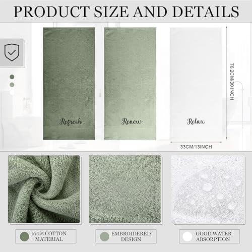 Tiamon 3 Pcs Bathroom Towel Decorative Set 100% Cotton Fluffy Bath Hand Towels for Guest Gifts Farmhouse Kitchen Hand Towels Home(White, Light Green, Dark Green,30 x 13 Inch,Relax Renew Refresh)