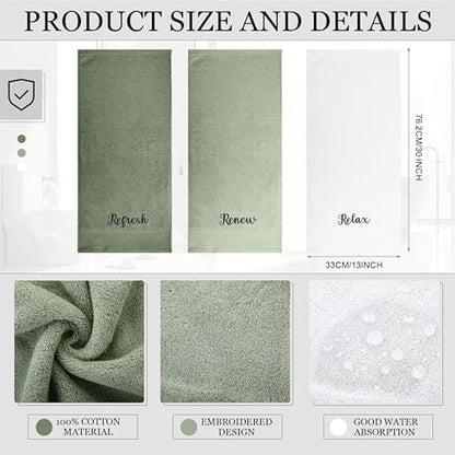 Tiamon 3 Pcs Bathroom Towel Decorative Set 100% Cotton Fluffy Bath Hand Towels for Guest Gifts Farmhouse Kitchen Hand Towels Home(White, Light Green, Dark Green,30 x 13 Inch,Relax Renew Refresh)