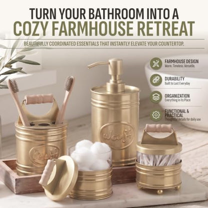Autumn Alley Antique Gold Bathroom Accessories Set 4 - Farmhouse Soap Dispenser, Toothbrush Holder, 2 Apothecary Jars Qtip Holder - Gold Bathroom Decor – Rustic Farmhouse Bathroom Accessories