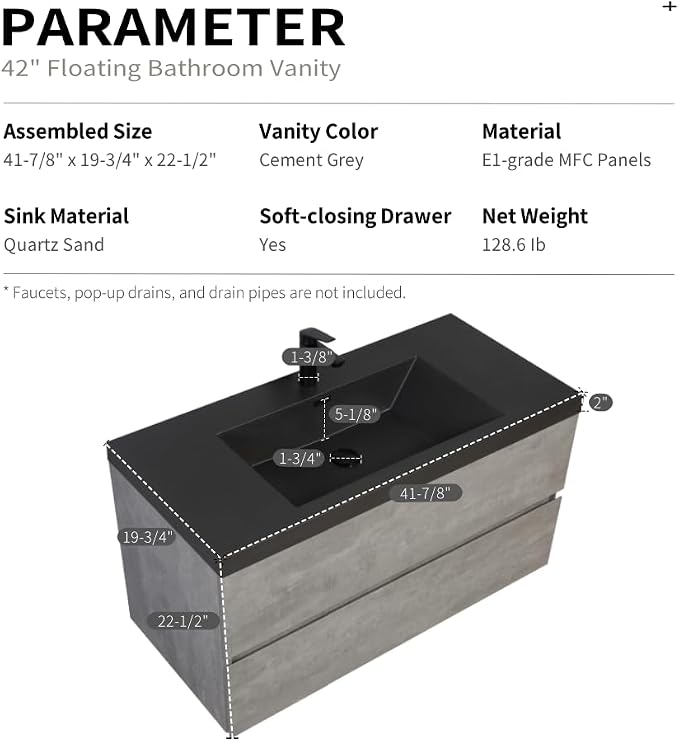 42" Floating Bathroom Vanity with Sink, Modern Wall-Mounted Bathroom Storage Vanity Cabinet with Two Black Quartz Sand Top Basins and Four Soft Close Drawers, Cement Grey