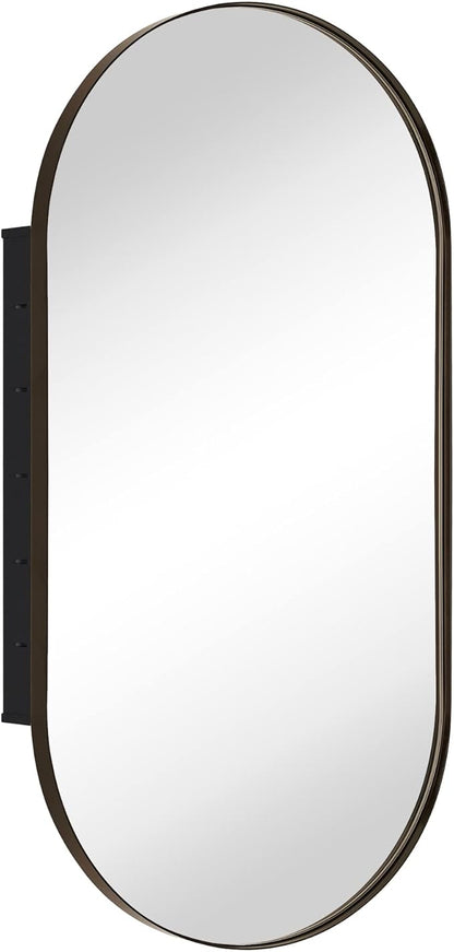 Oil Rubbed Bronze Oval Recessed Bathroom Medicine Cabinet with Mirror Stainless Steel Metal Framed Oblong Pill Shaped Bathroom Cabinet with Mirror 16x33''