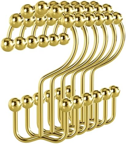 Bathway Shower Curtain Hooks Gold Shower Curtain Rings, 12 Pcs Double Hook Shower Curtain Hooks Rings Rust Shower Curtain Hangers Proof, Metal Shower Hooks for Bathroom Shower Curtain Rod