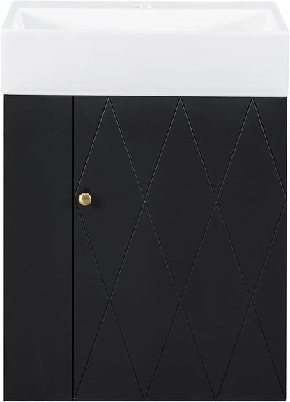 20" Floating Small Bathroom Vanity with Sink, Wall Mounted Vanity for Compact Bathrooms, Space-Saving Narrow Bathroom Vanities with Soft-Close Door Open Shelf Towel Bar (Black,20" Floating Door)
