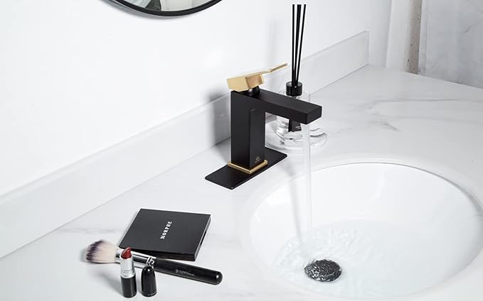 Lava Odoro Black and Gold Bathroom Faucet, Brass Single Hole Bathroom Sink Faucet Single Handle with Drain Assembly, Deck Plate Included, BF307-GB