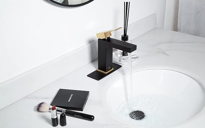Lava Odoro Black and Gold Bathroom Faucet, Brass Single Hole Bathroom Sink Faucet Single Handle with Drain Assembly, Deck Plate Included, BF307-GB